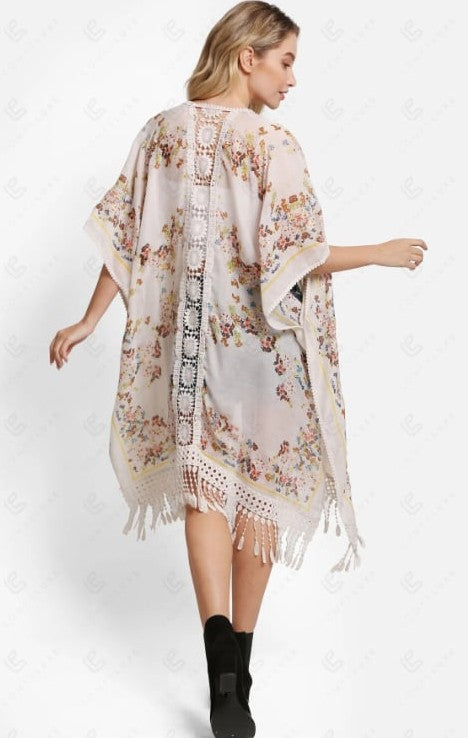 Beige Floral Crochet Center Back Kimono