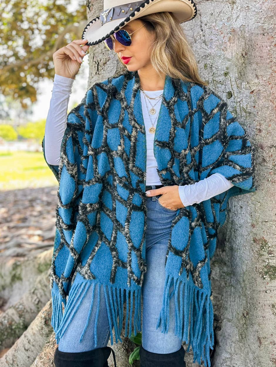 Textured Diamond Fringe Ruana Cardigan