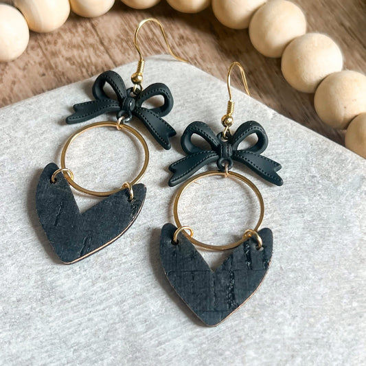 Black Ribbon Dangle Heart Earrings