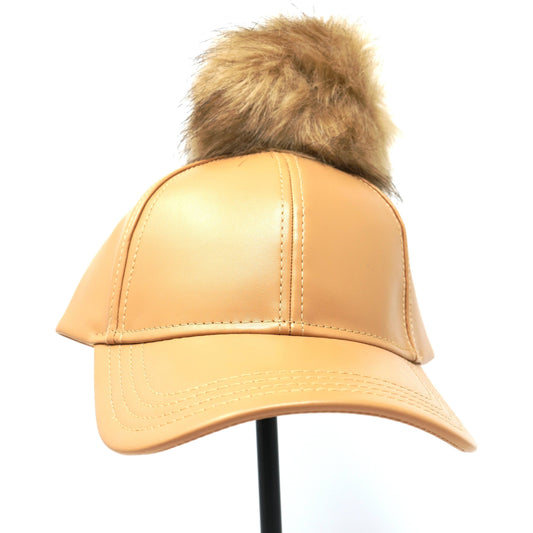 Faux Leather Fur Pom Baseball Hat