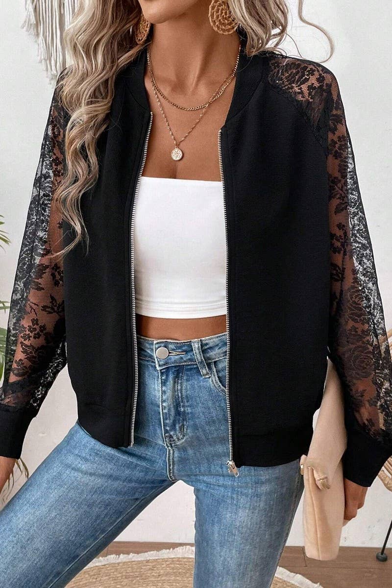 Lace Sleeve Bomber Jacket