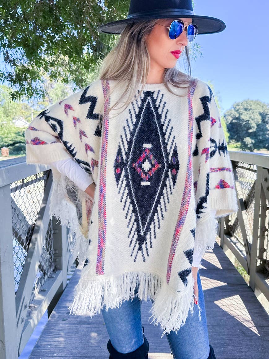 Aztec Eyelash Knit Poncho