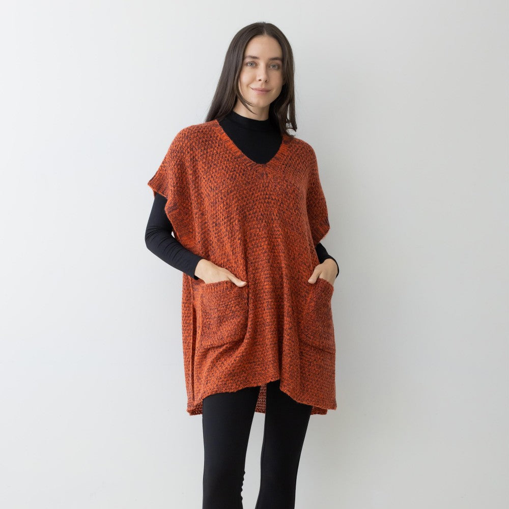 V Neck Knit Poncho Sweater With Pockets