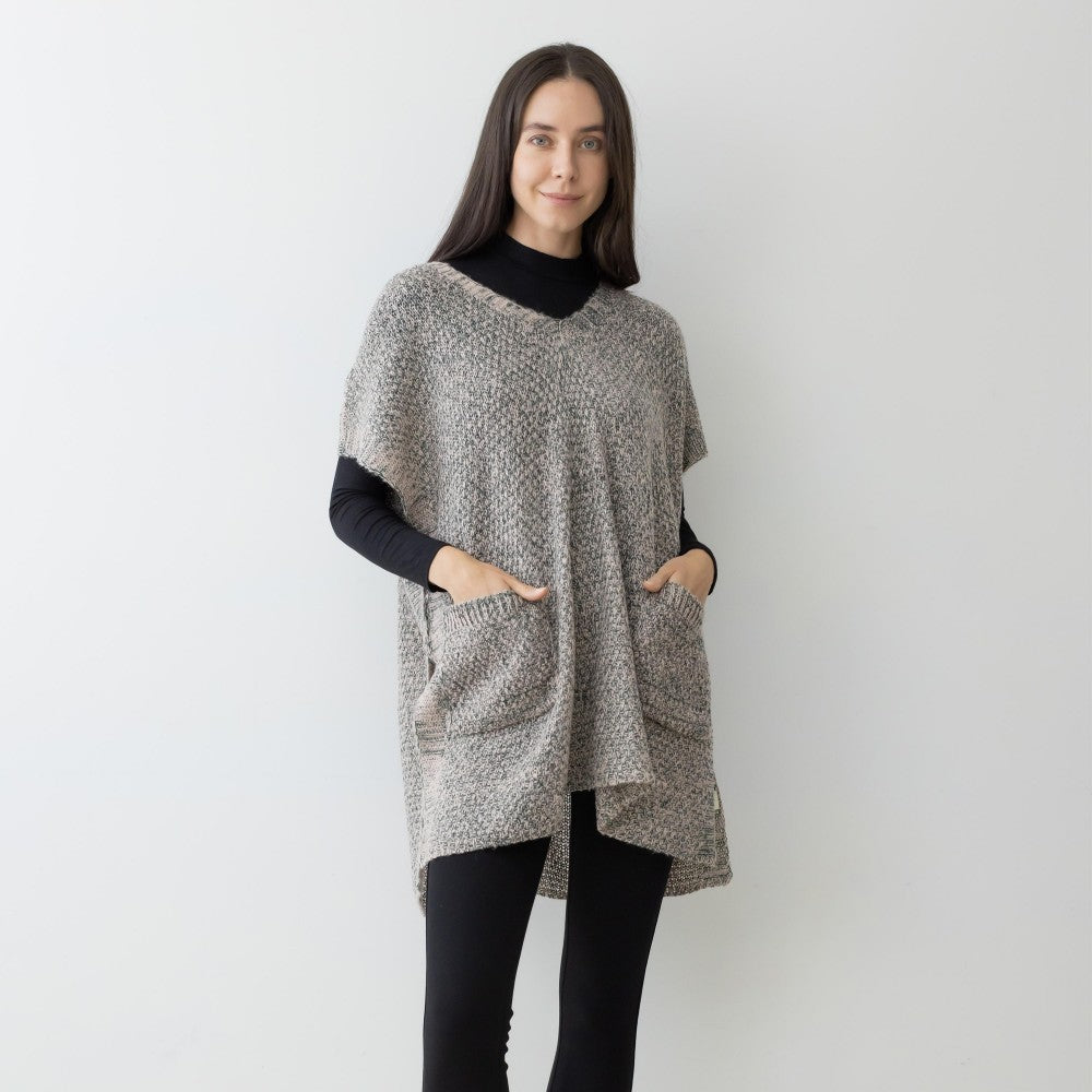 V Neck Knit Poncho Sweater With Pockets