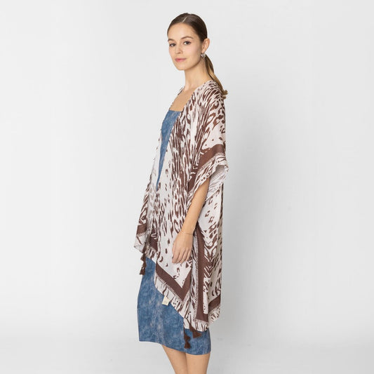 Brown Animal Print Kimono with Tassels
