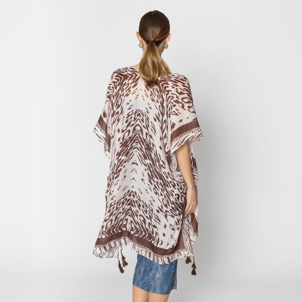 Brown Animal Print Kimono with Tassels