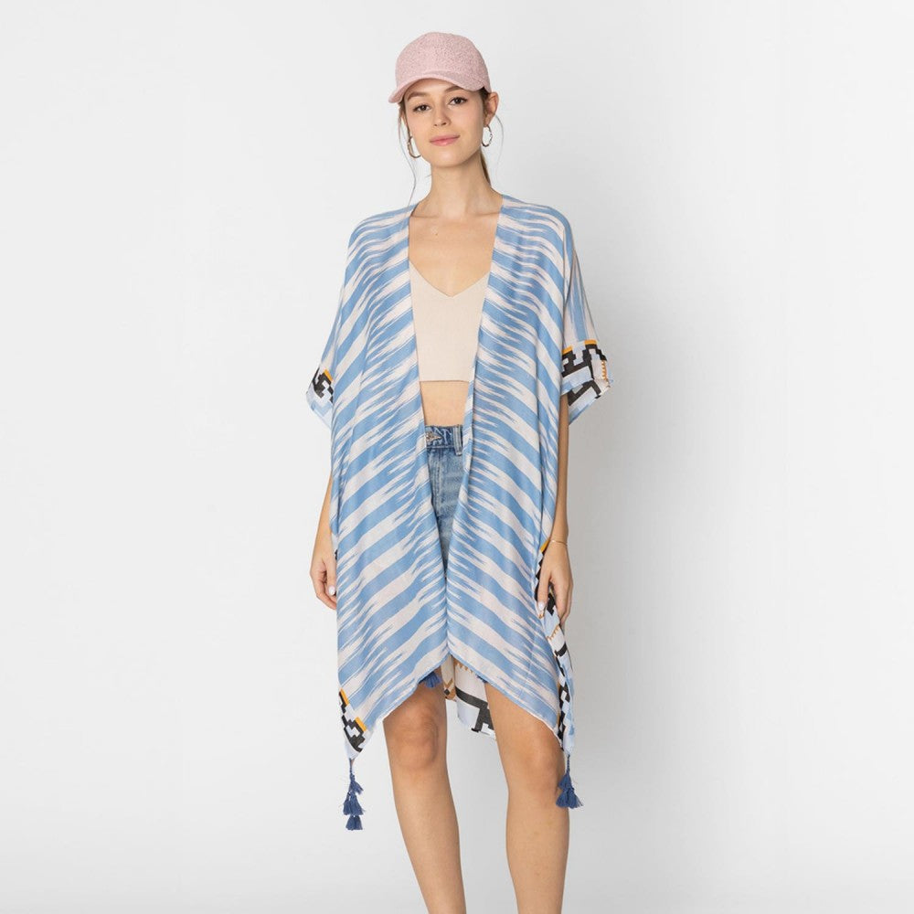 Blue Striped Aztech Print Kimono with Tassels