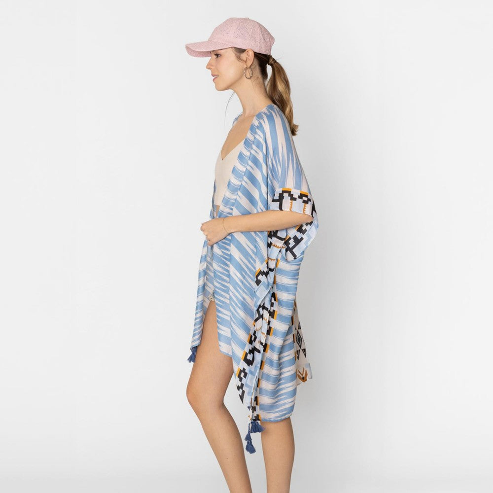 Blue Striped Aztech Print Kimono with Tassels