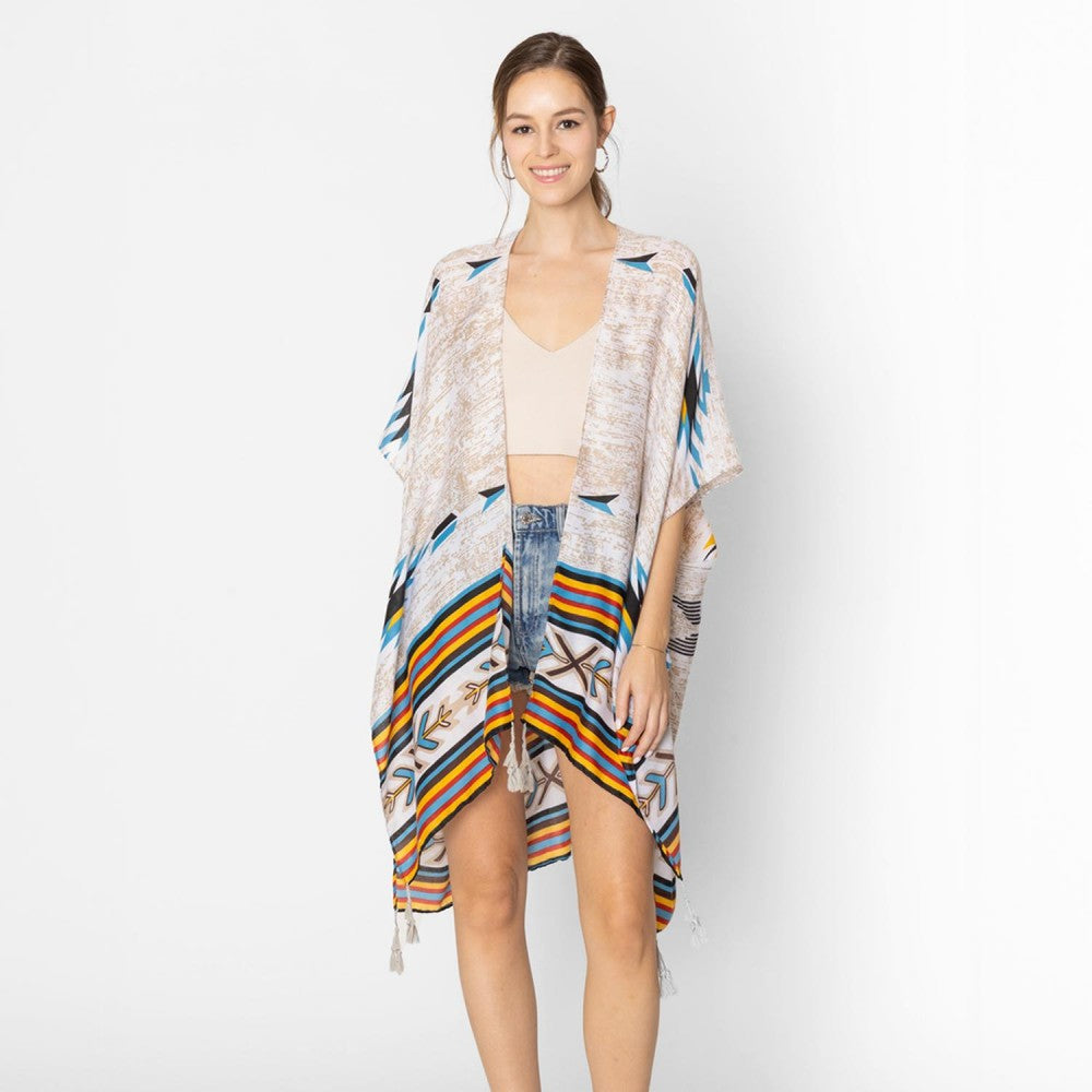 Ivory Aztech Print Kimono with Tassels