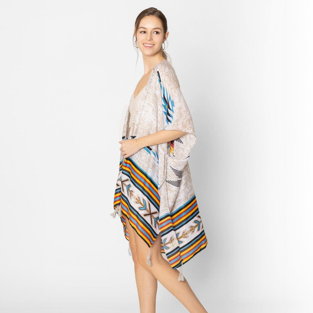 Ivory Aztech Print Kimono with Tassels