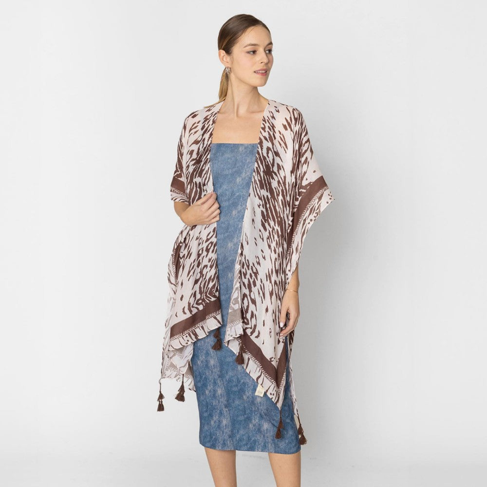 Brown Animal Print Kimono with Tassels