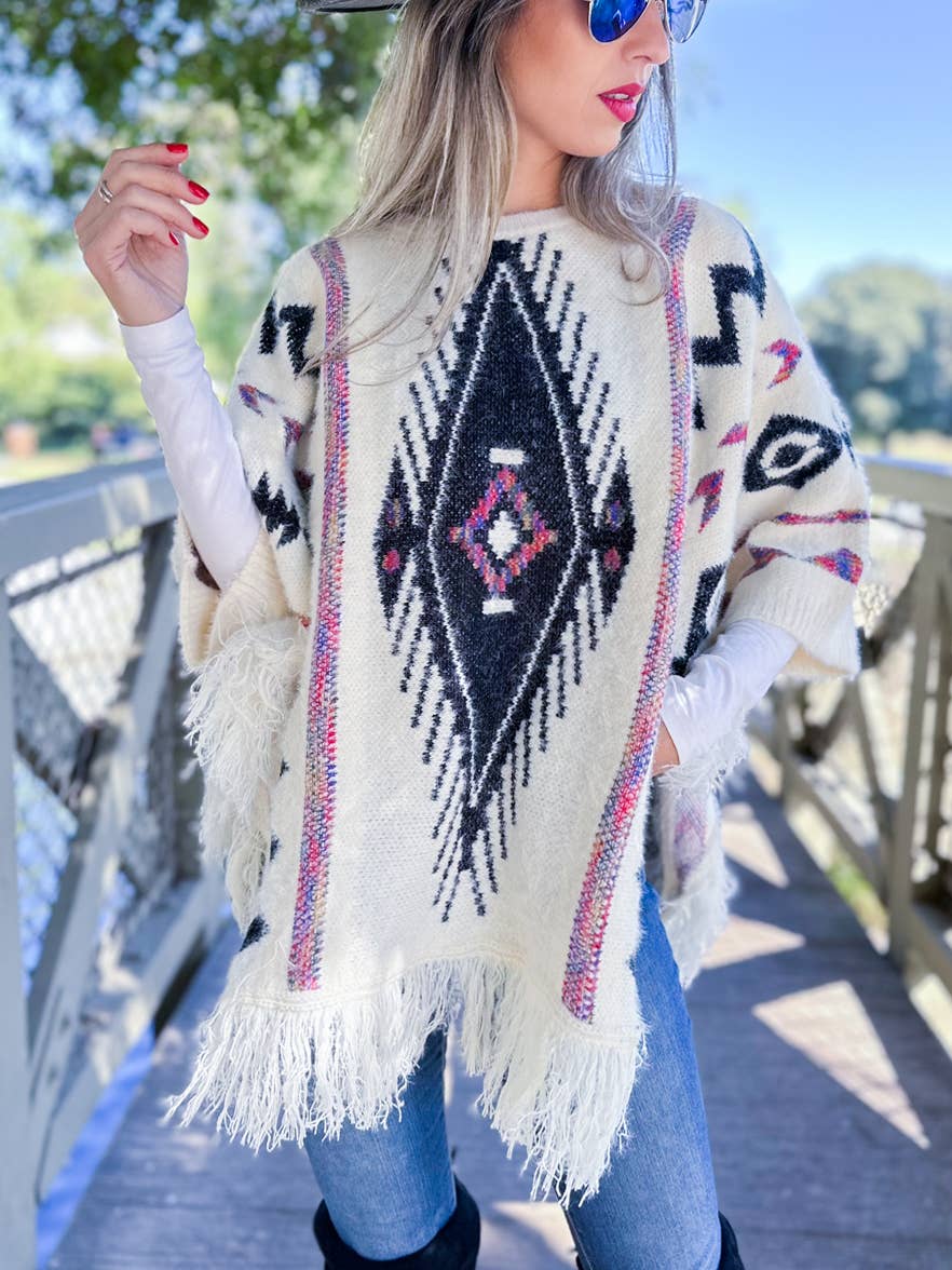 Aztec Eyelash Knit Poncho