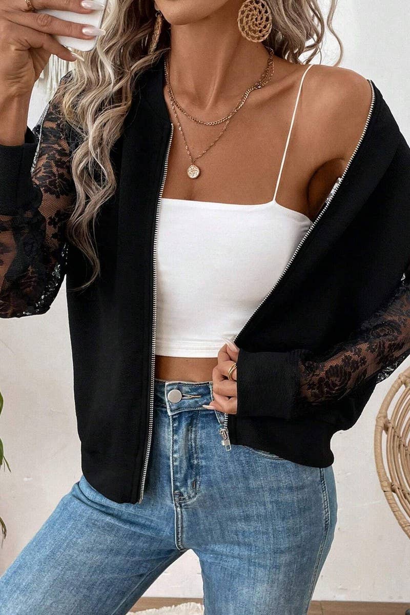 Lace Sleeve Bomber Jacket