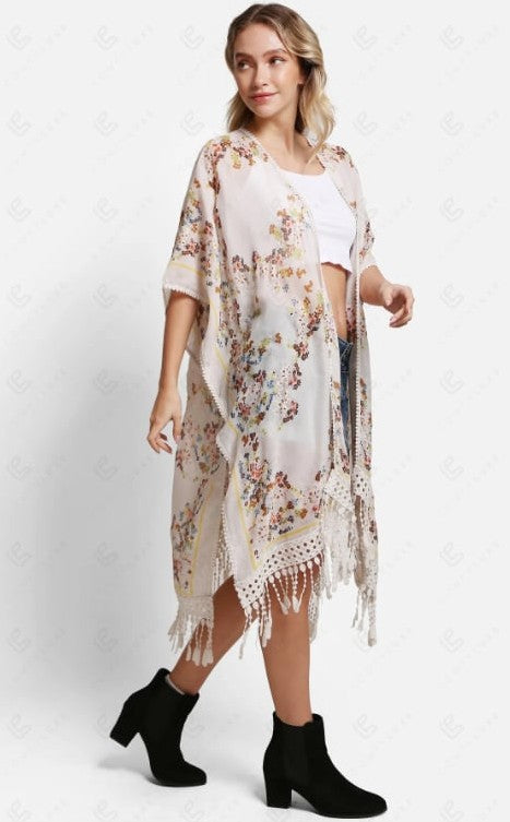Beige Floral Crochet Center Back Kimono