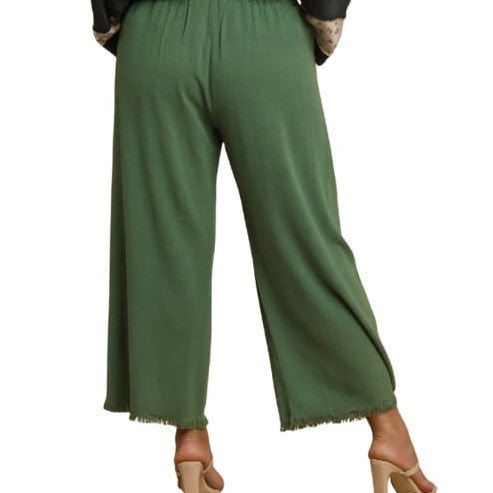 Wide Leg Fringe Ankle Pant in Palm Green