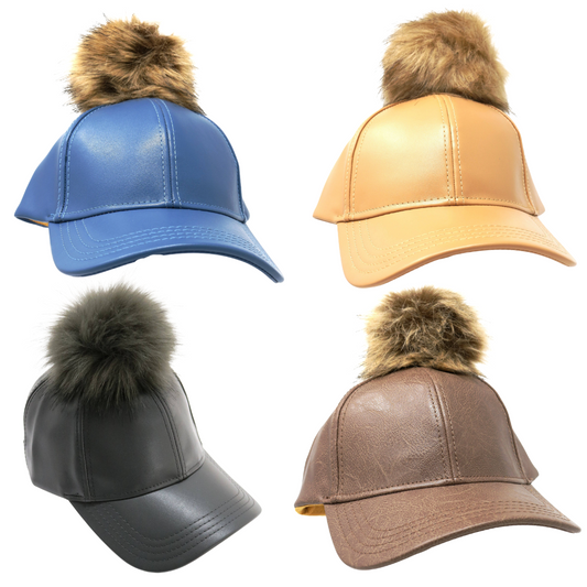 Faux Leather Fur Pom Baseball Hat