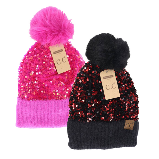 Cluster Sequin Faux Fur Pom Beanie
