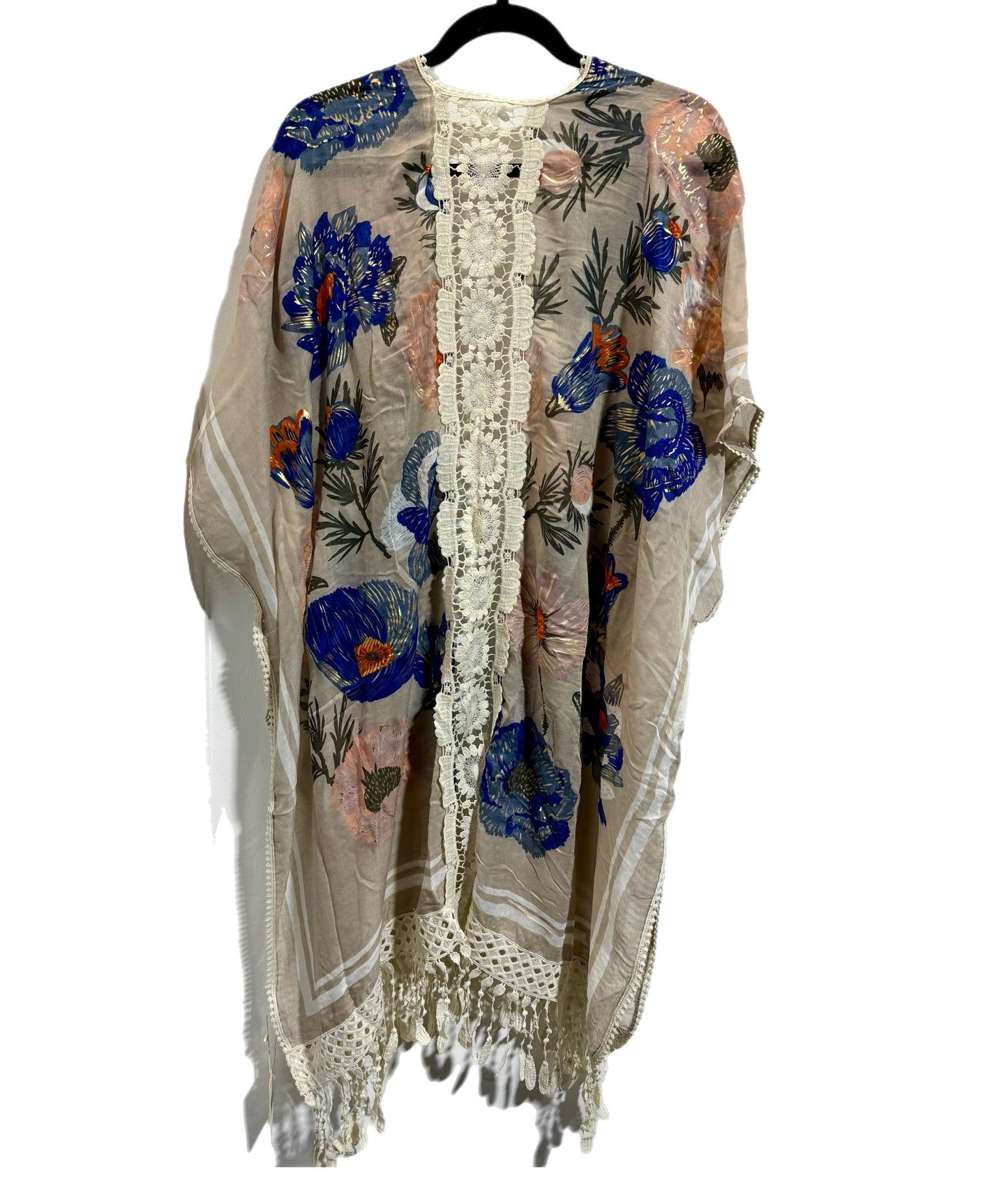 Blue Floral Crochet Center Back Kimono