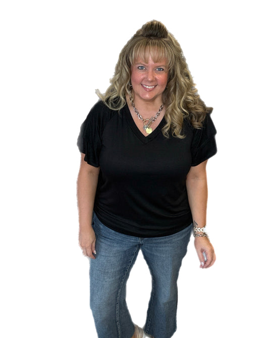 Black V Neck Double Bell Sleeve