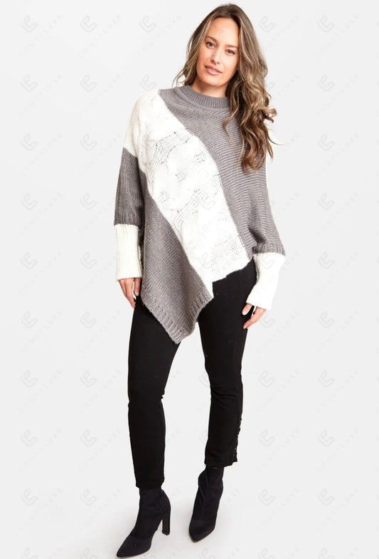 Poncho Sweater in Grey & White