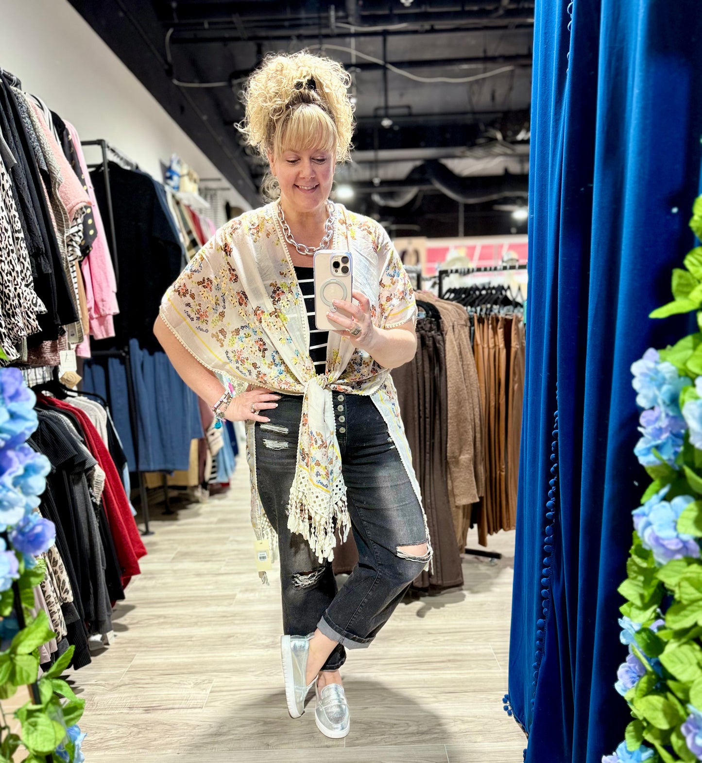 Beige Floral Crochet Center Back Kimono