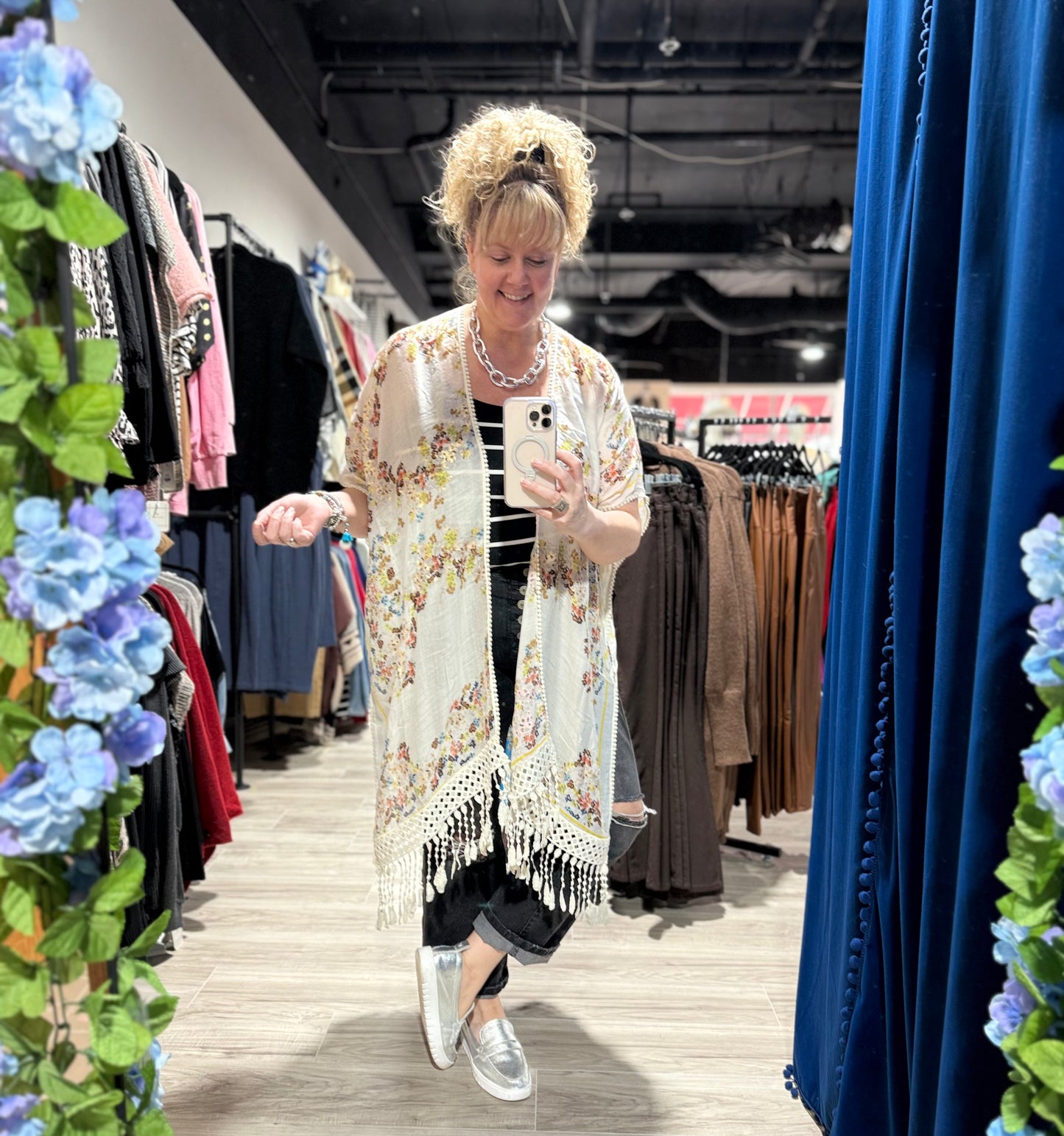 Beige Floral Crochet Center Back Kimono