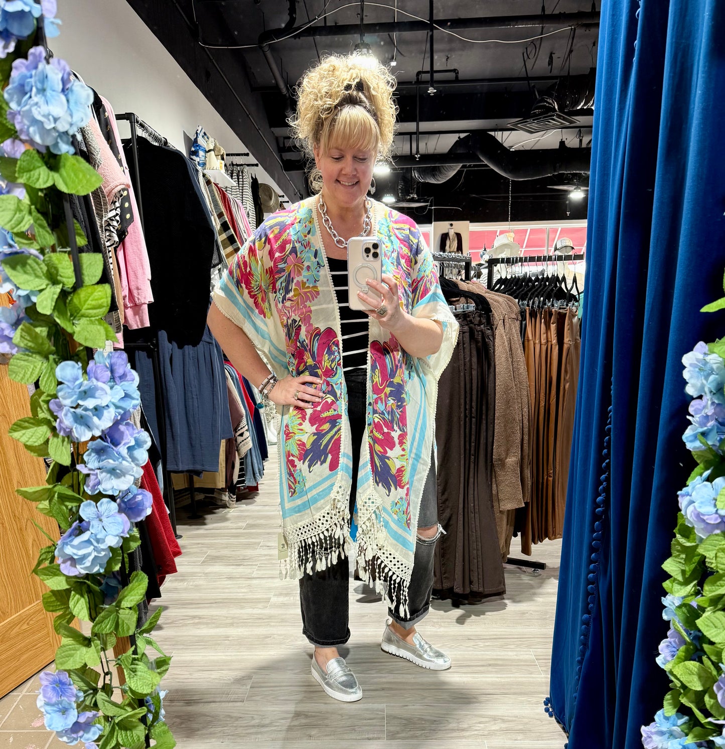 Bright Floral Crochet Center Back Kimono