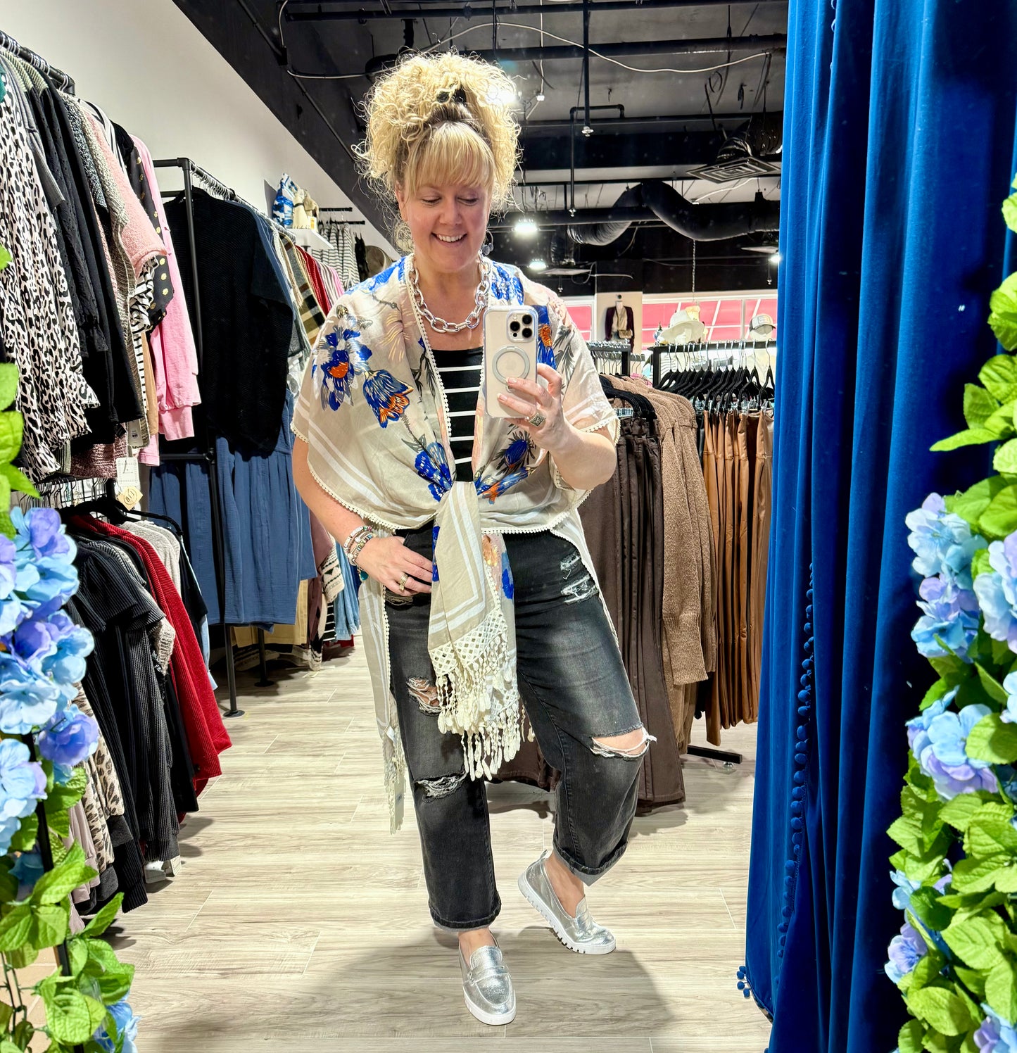 Blue Floral Crochet Center Back Kimono
