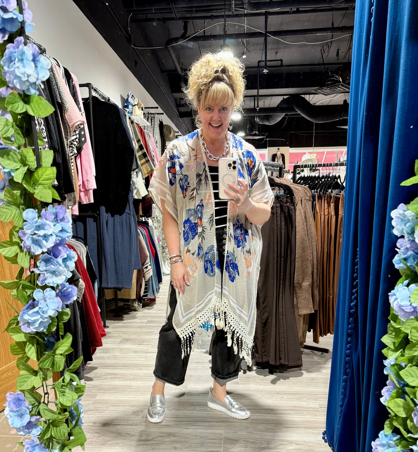 Blue Floral Crochet Center Back Kimono