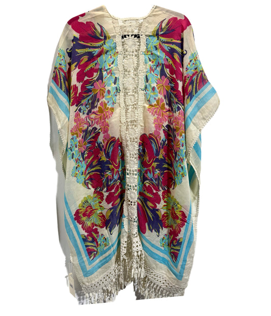 Bright Floral Crochet Center Back Kimono