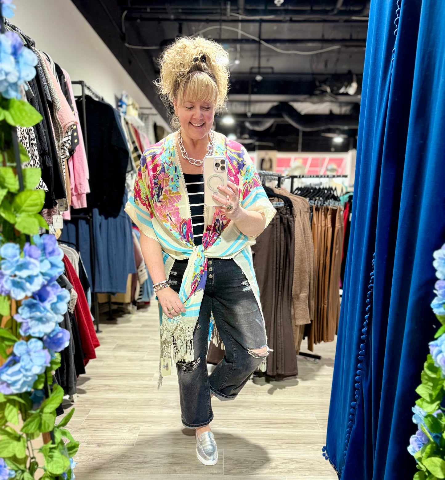 Bright Floral Crochet Center Back Kimono