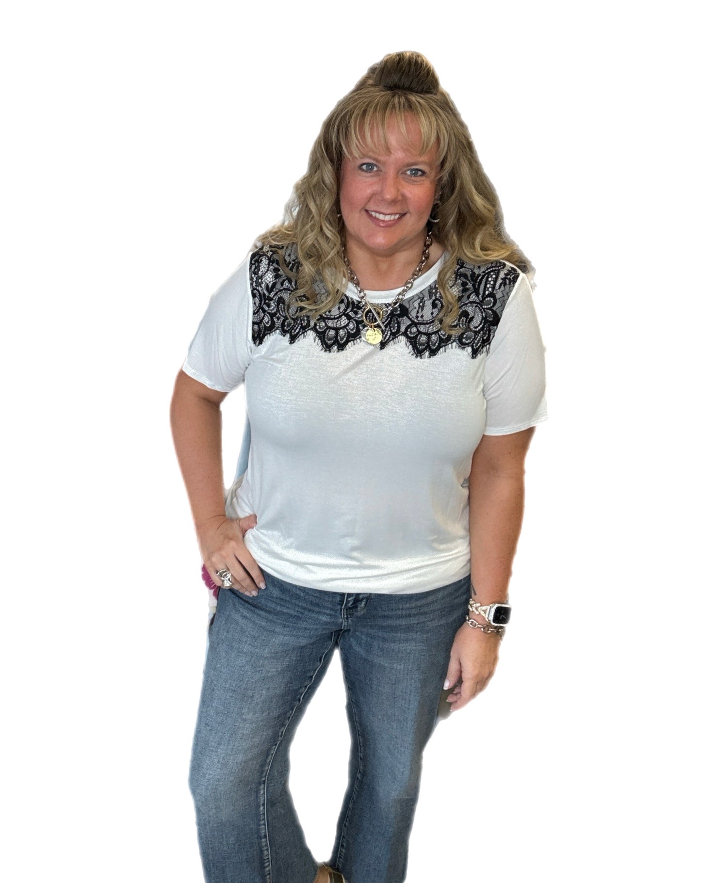 Lace Front Short Sleeve Top