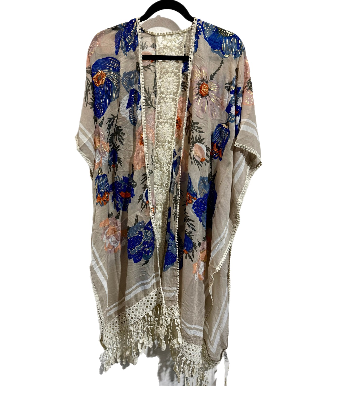 Blue Floral Crochet Center Back Kimono