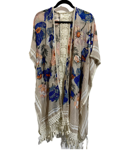 Blue Floral Crochet Center Back Kimono