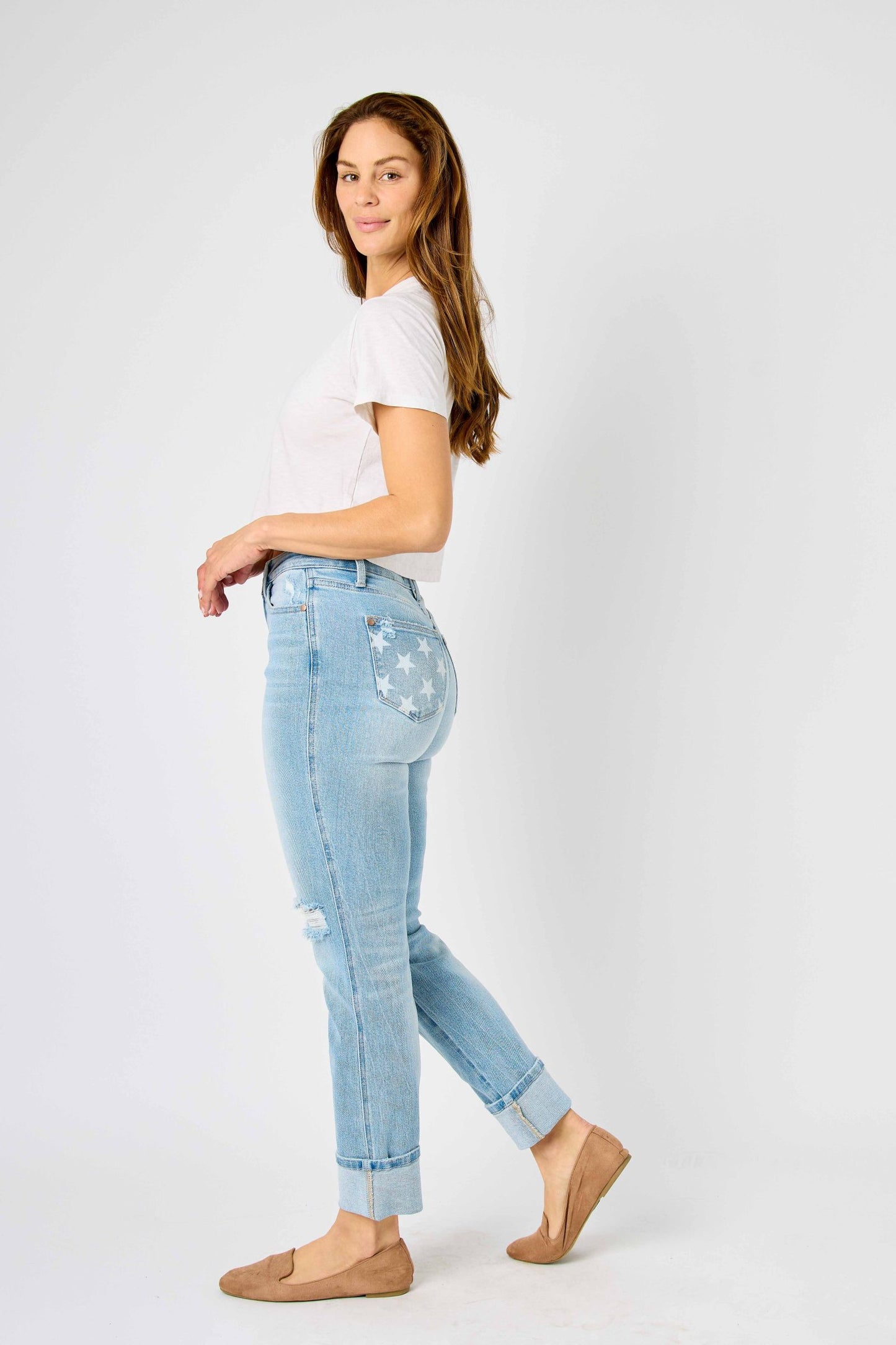 Judy Blue Mid Rise Star Pocket Boyfriend Denim