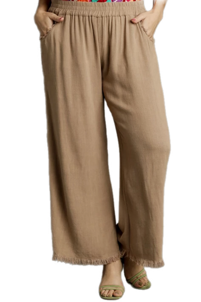 Wide Leg Fringe Ankle Pant in Latte