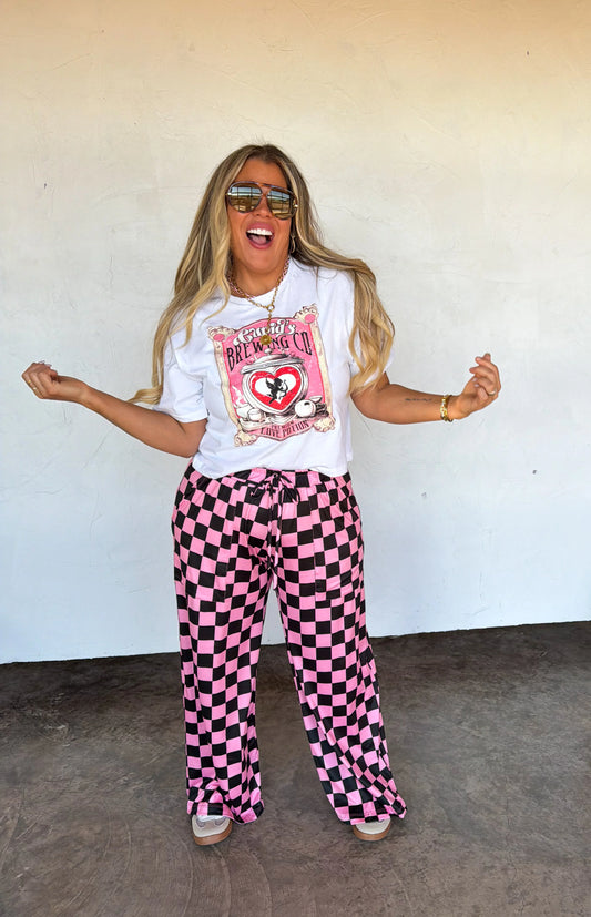 Pink Checkered Wide Leg Pants