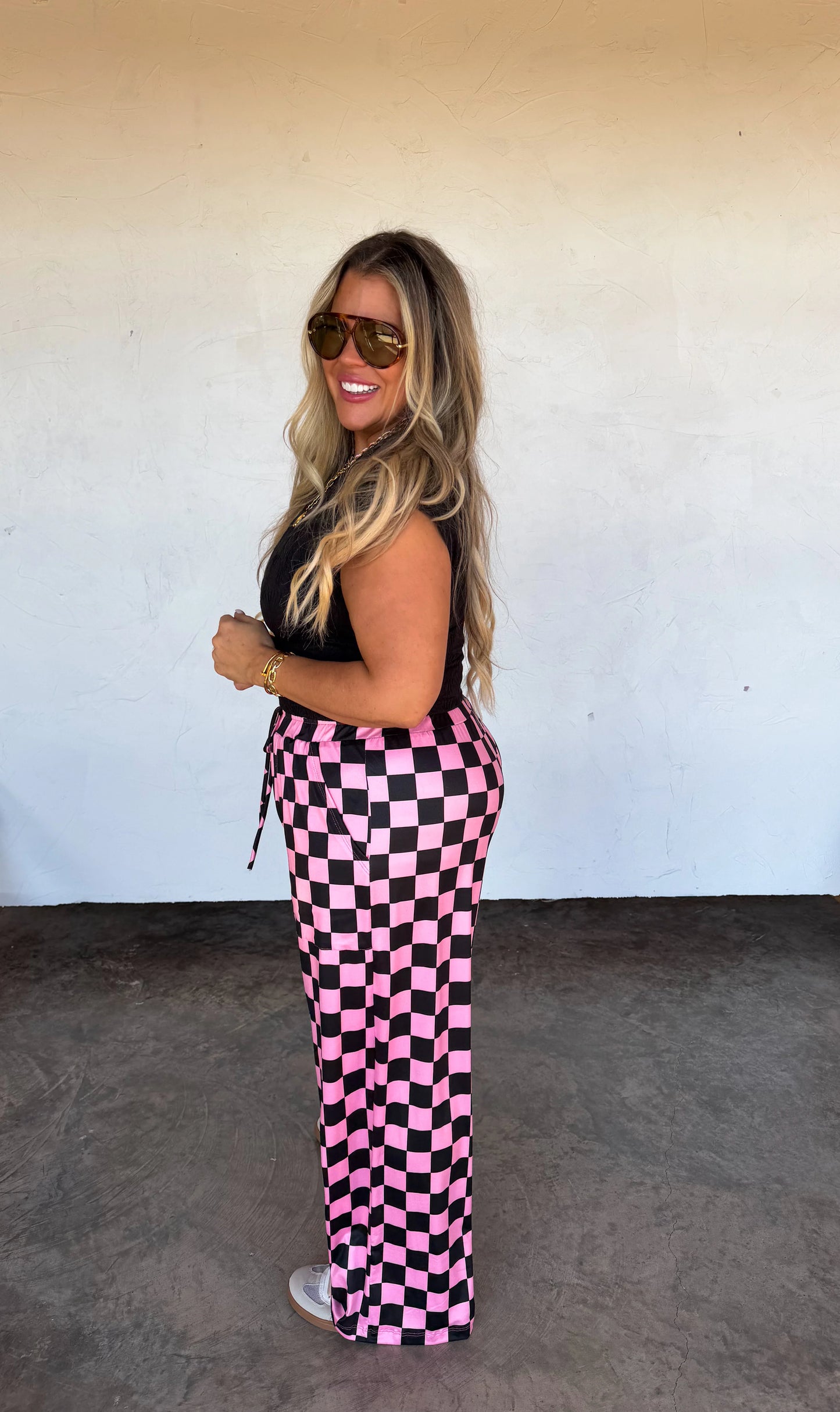 Pink Checkered Wide Leg Pants