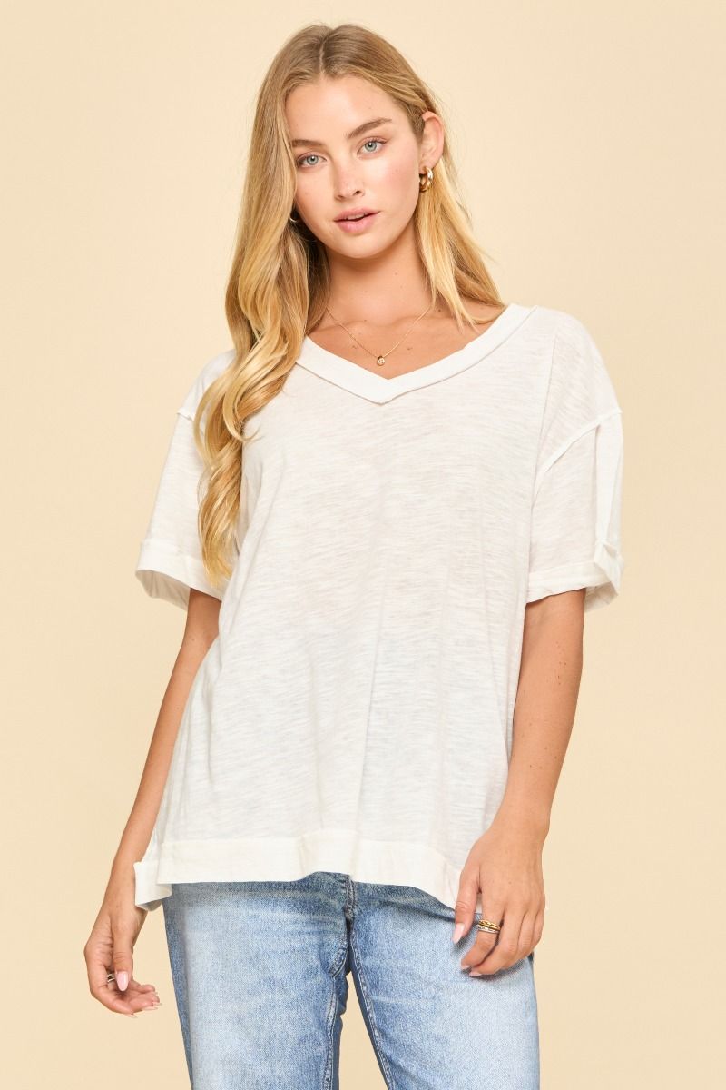 Raw Edge Cotton V Neck Tee