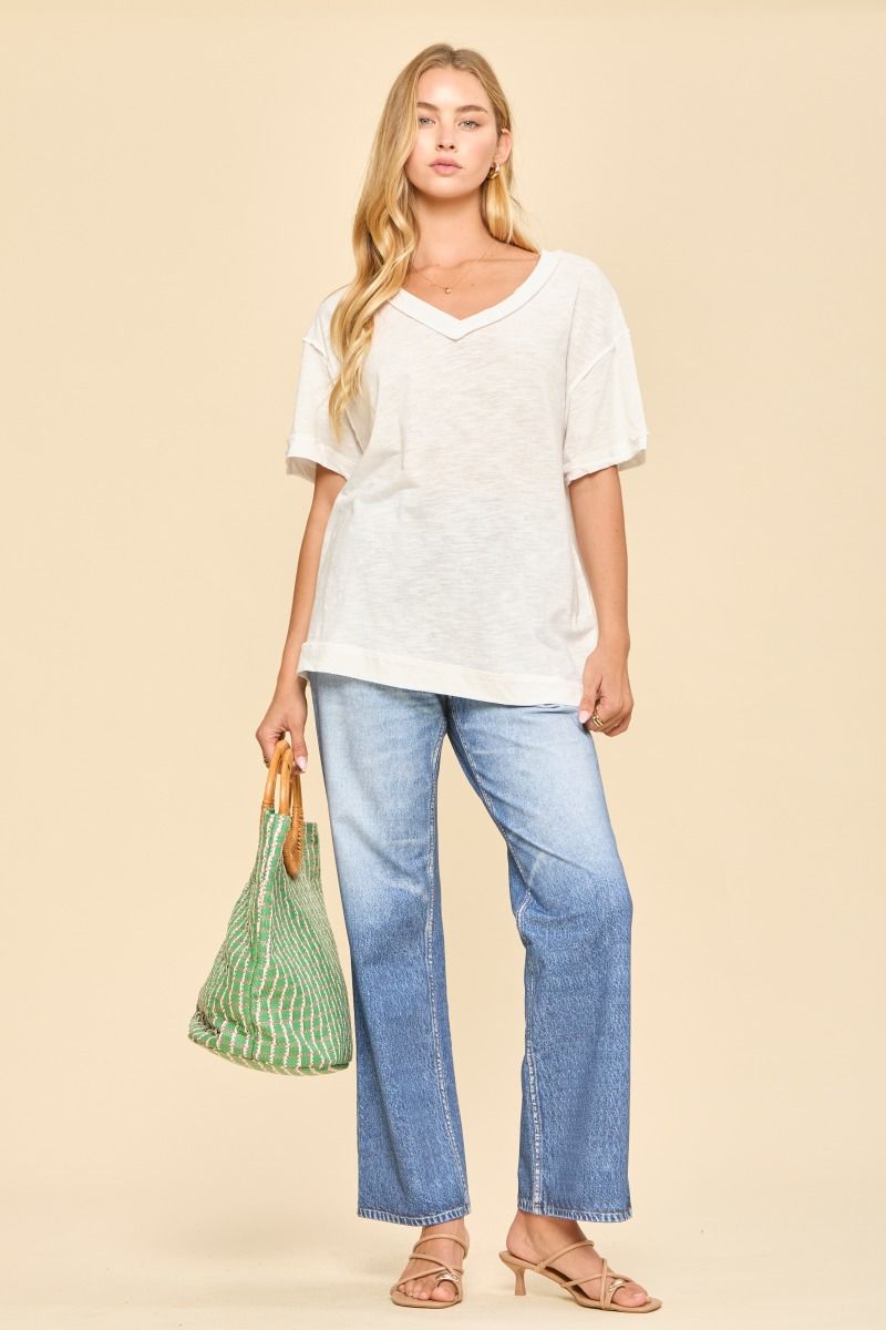 Raw Edge Cotton V Neck Tee