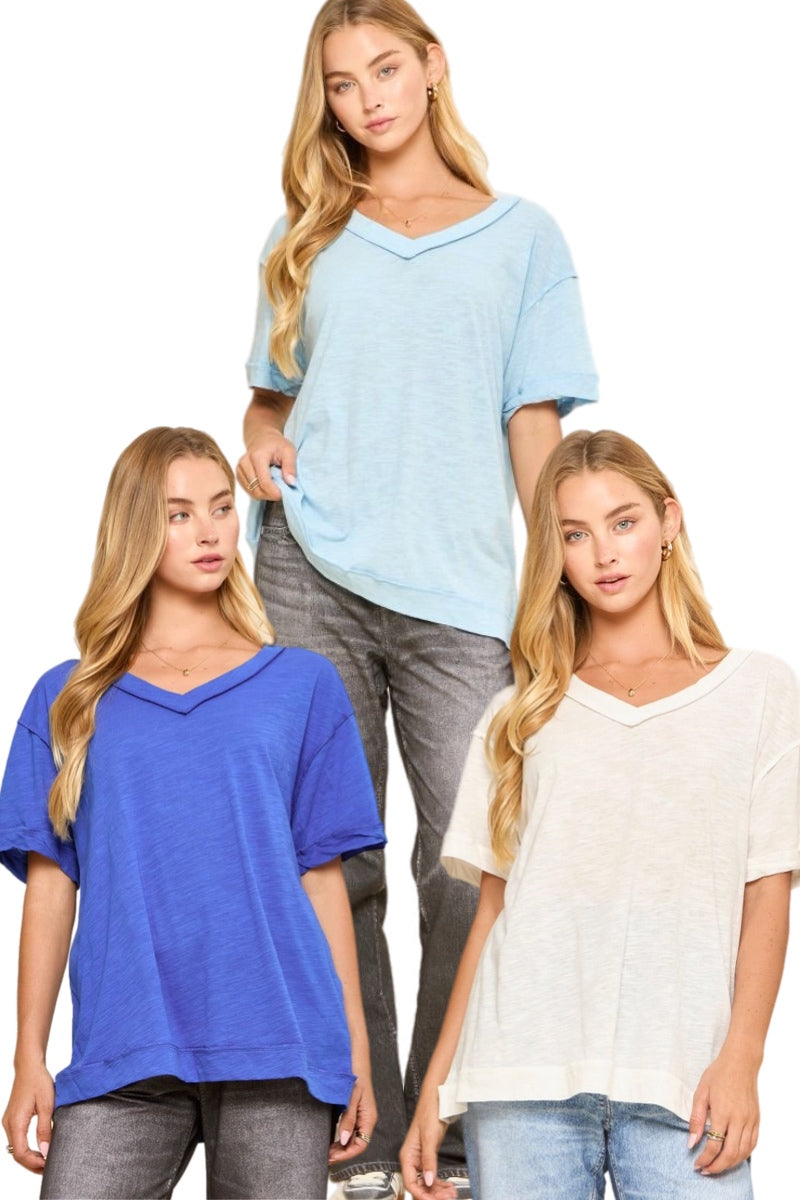 Raw Edge Cotton V Neck Tee