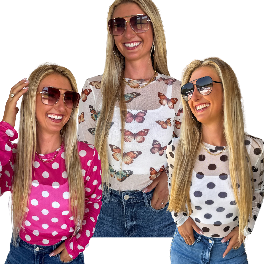 Print Sheer Mesh Tops