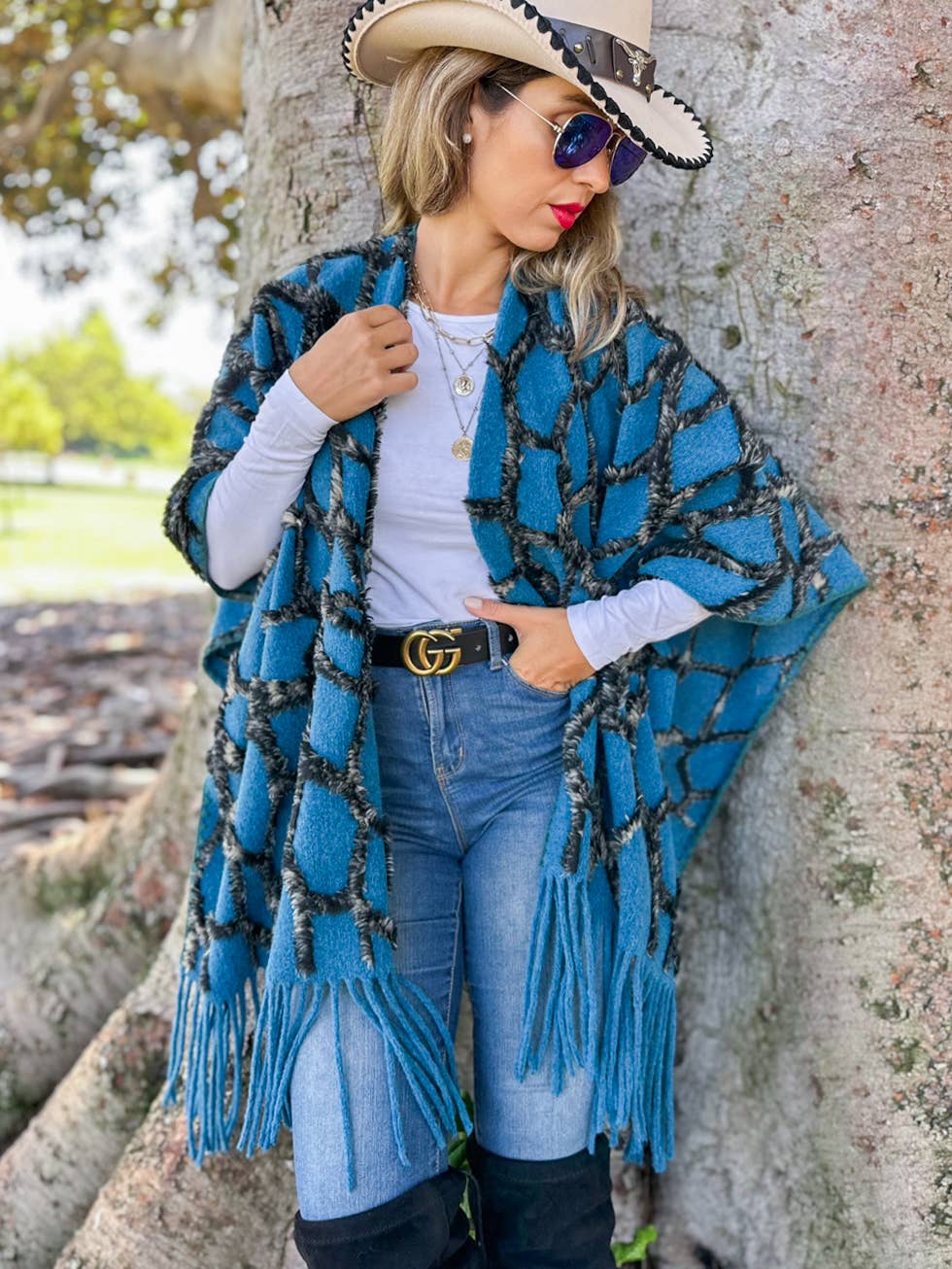 Textured Diamond Fringe Ruana Cardigan