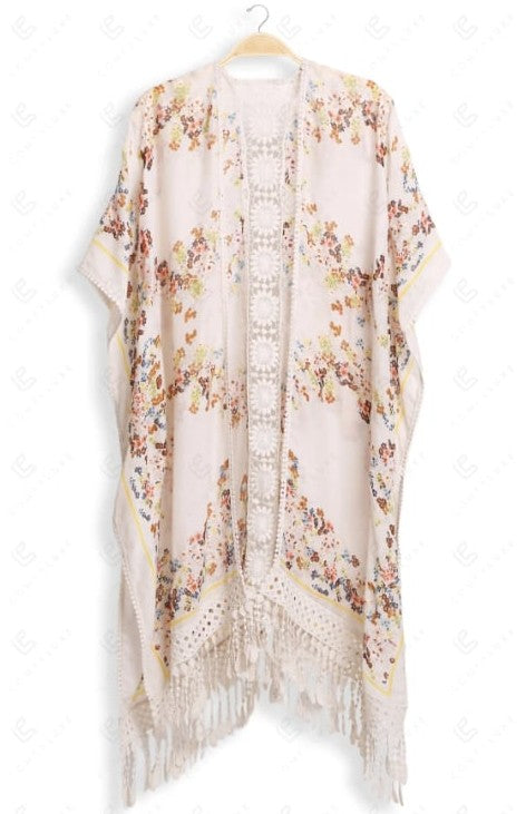 Beige Floral Crochet Center Back Kimono