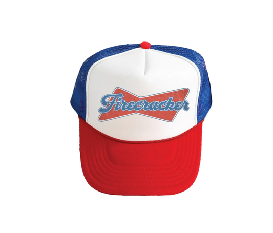 red white and blue trucker hat that says firecracker on the front