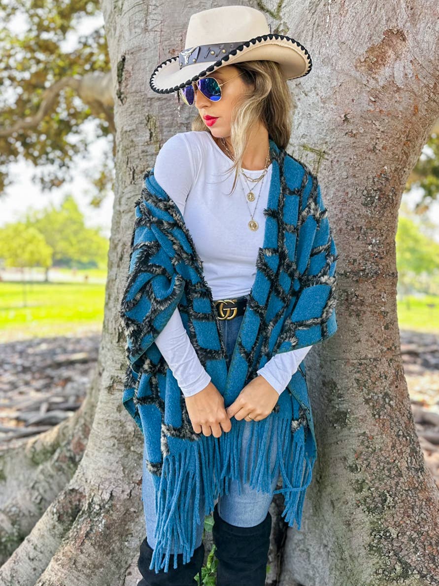 Textured Diamond Fringe Ruana Cardigan