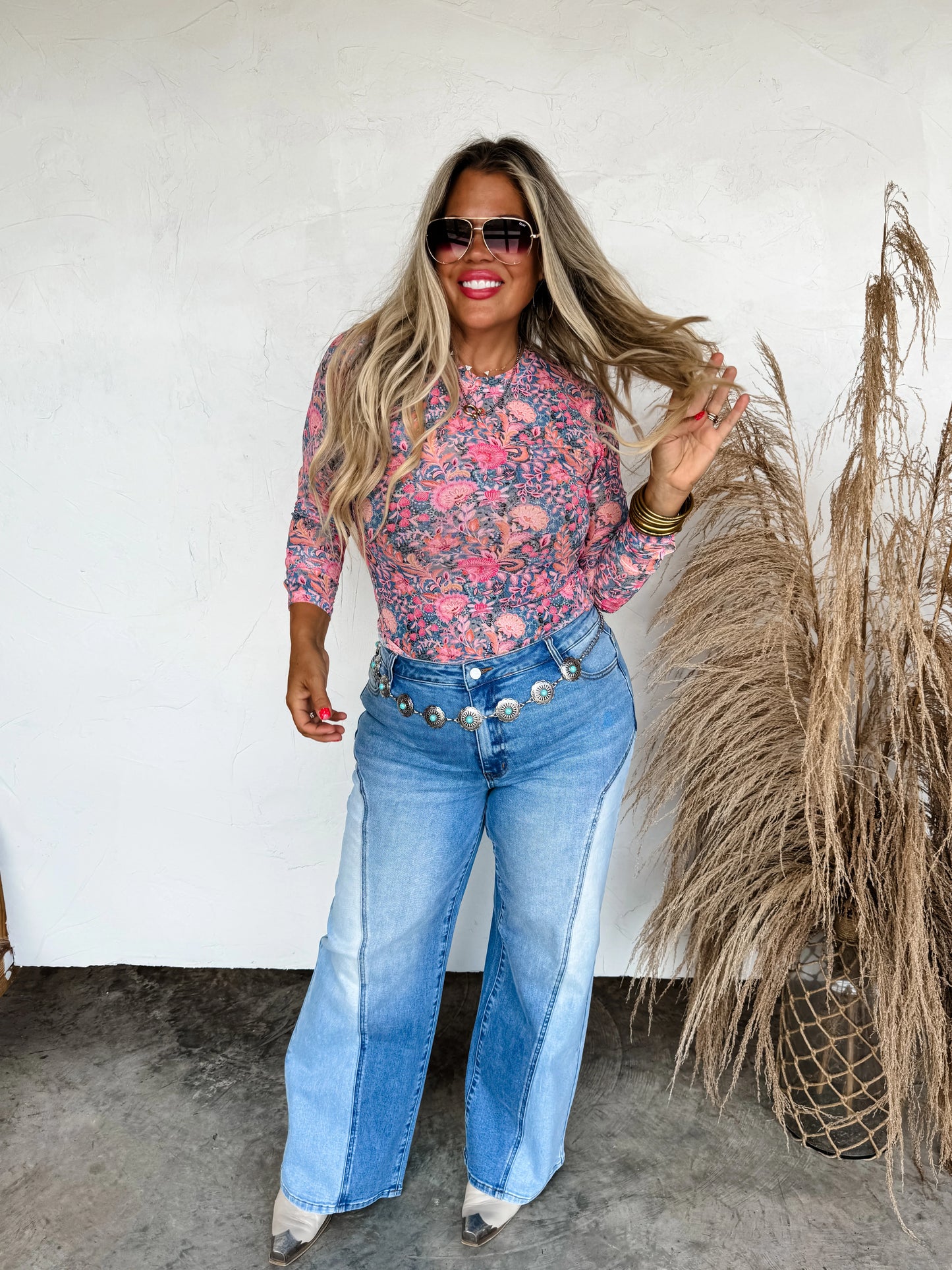Pink Floral Sheer Mesh Top