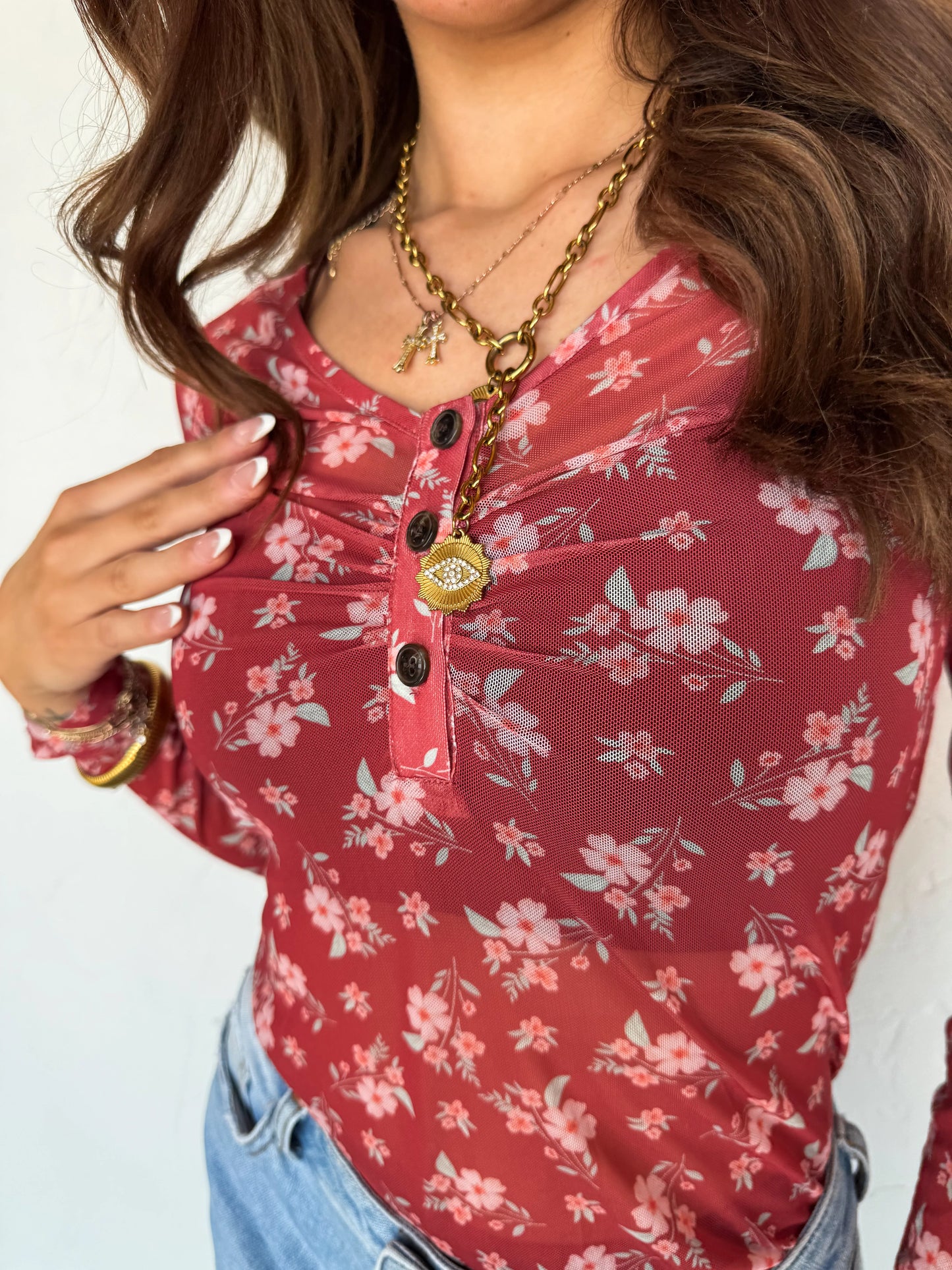 Mesh V-Neck Floral Top