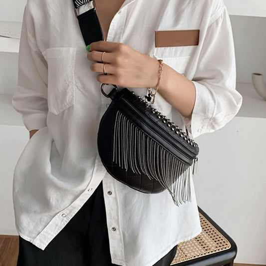 Studded Chain Fringe Belt Bag/Cross Body Black