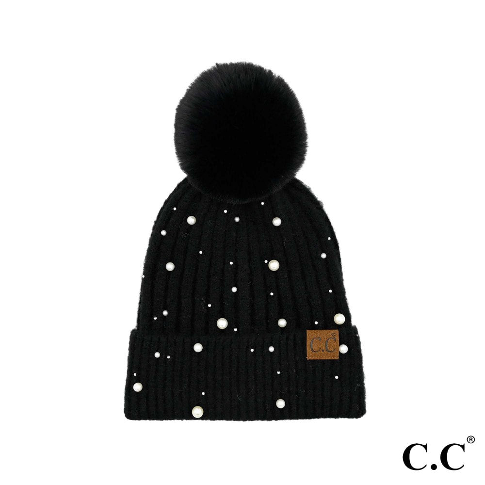 Pearl Embellished Pom Beanie